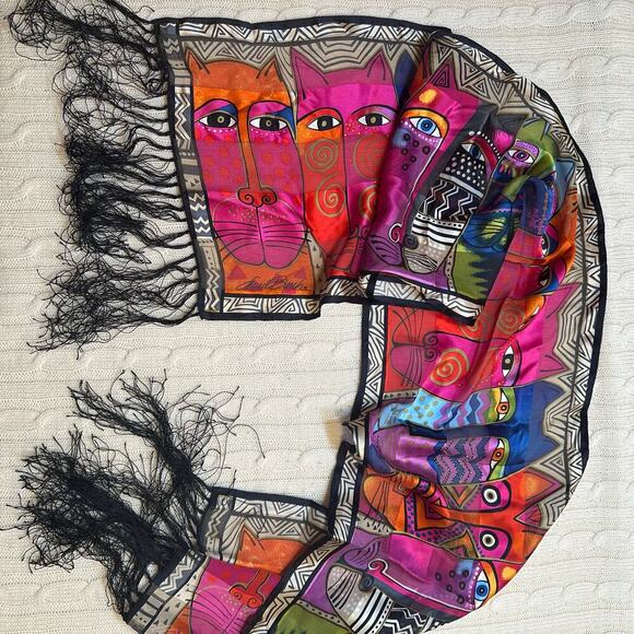 Laurel Burch Tribal Felines 100% Silk Scarf Black Fringe Cat Scarf - Picture 3 of 6